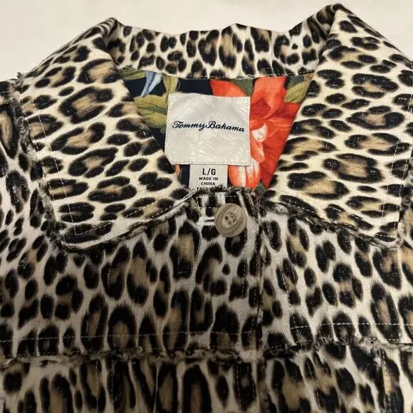 TOMMY BAHAMA TWO PALMS LAGOON LEOPARD 100% LINEN RAW EDGE FLIP CUFF JACKET Large - Picture 10 of 16